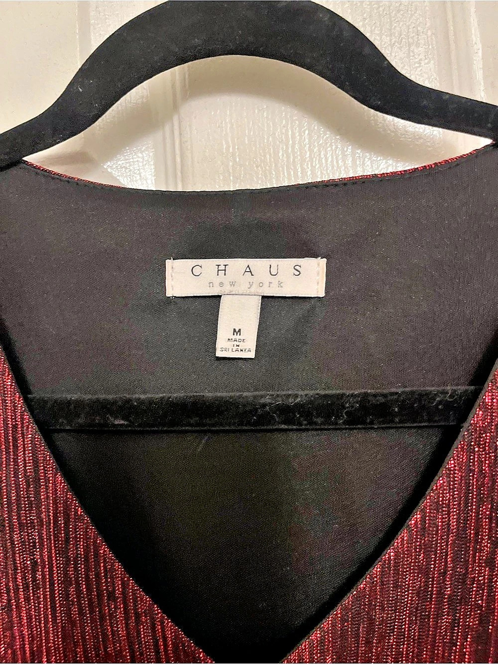 CHAUS Metallic Cold Shoulder Balloon Sleeve Top Red & Black Medium - Picture 4 of 5